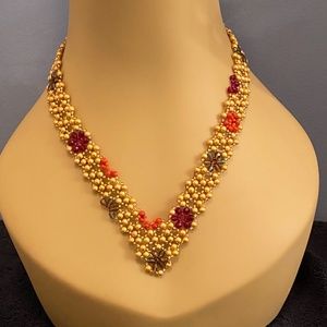 Maria Calderara Beaded Necklace Vintage Colors of Gold Garnet Sapphire & Coral H